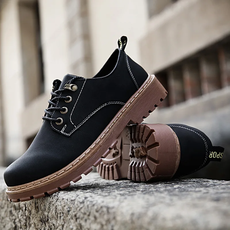Autumn Winter Men Leather Shoes Botas Hombre Vintage Style Casual Fashion Low Top Lace-up Martin Bota Masculina | Обувь
