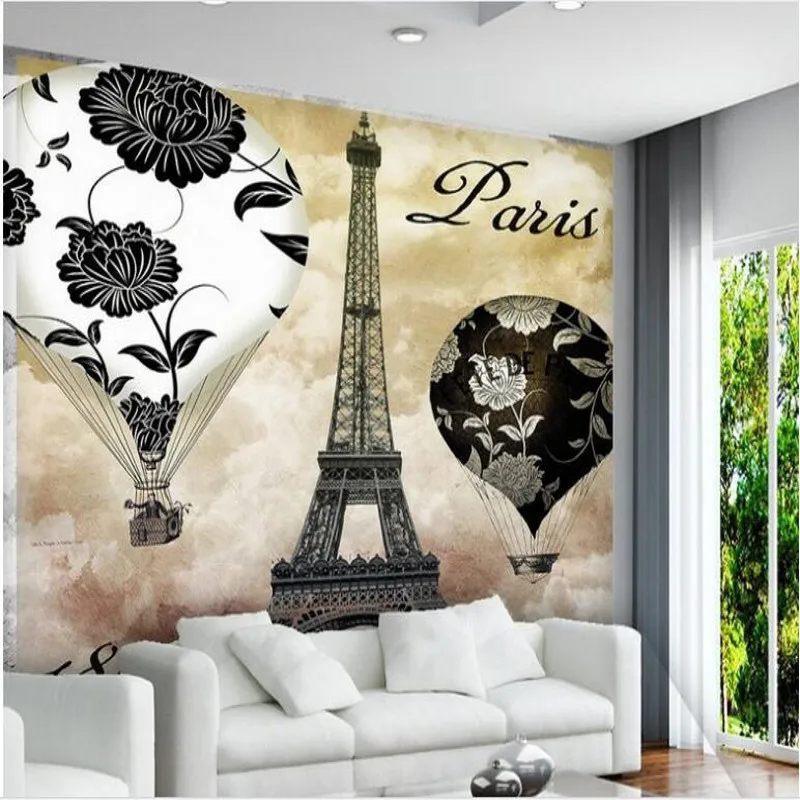 beibehang big fresco retro vintage black and white flower pattern Hot Air Balloon Eiffel Tower Oil Painting Background Wallpaper