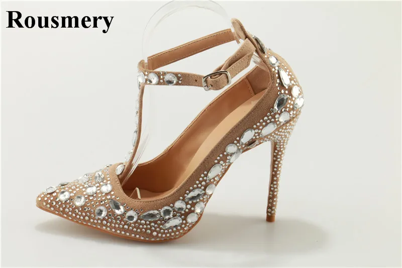 2018 Spring New Fashion Women Pointed Toe Blingbling Rhinestone Pumps Ankle Strap Crystal High Heels Wedding Dress Shoes