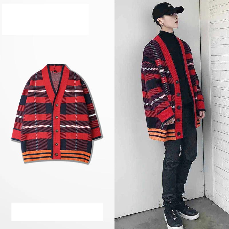 Sweater Men Blusa Masculina Fashion Hip Hop Plaid Autumn Winter Oversized Cardigan Kpop ropa cardigan masculino N-neck Sweaters |