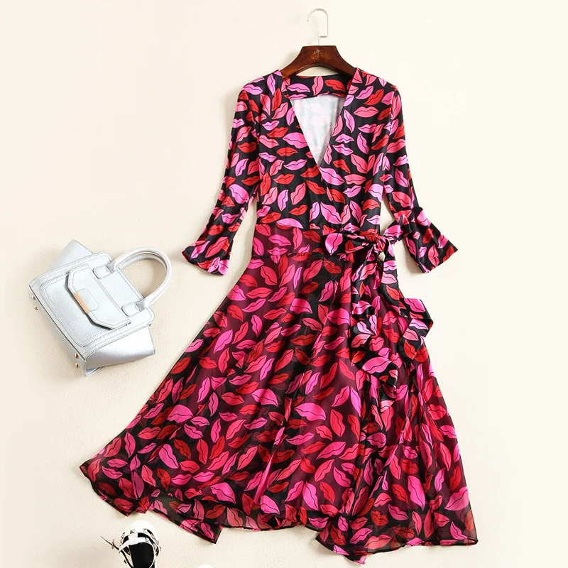Женщины Vintage Губы Печатных Three Четверти Шифон Dress 2017 Весна Причинно Офис Дамы