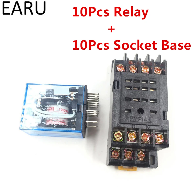 

10Sets MY4NJ Electronic Micro Mini Electromagnetic Relay 5A 14PIN Coil 4DPDT With PYF14A Socket Base DC12V 24V AC110V 220V LED