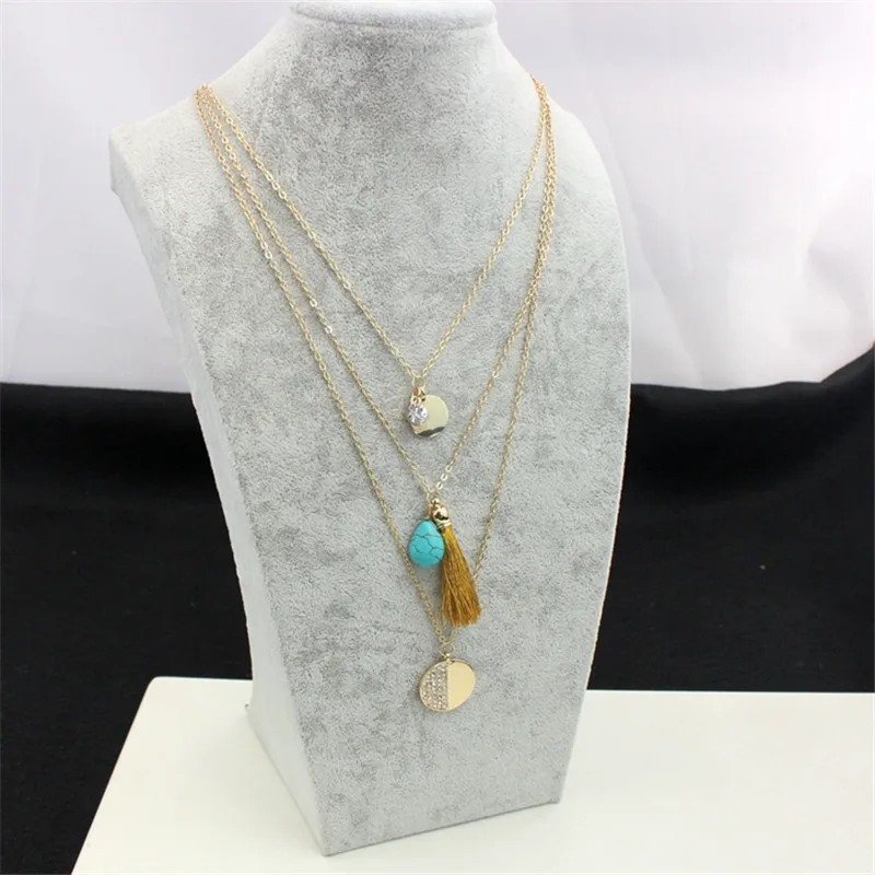 XQ 2015 free shipping Multilayer gold thread broken personality necklace Three layers of water droplets green pine | Украшения и