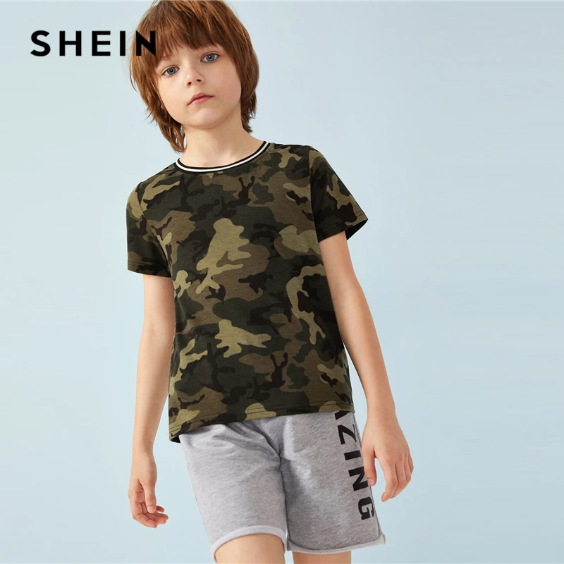 SHEIN/детская футболка в полоску с камуфляжным принтом для мальчиков, детская одежда, г. Летняя Повседневная футболка для подростка с короткими рукавами, топы