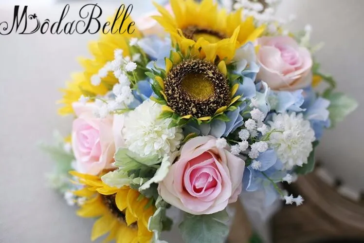 modabelle Sunflower Wedding Bouquet Yellow Pink Artificial Bridal Lace Brides Brooch Bouquets Accessoire Mariage | Свадьбы и