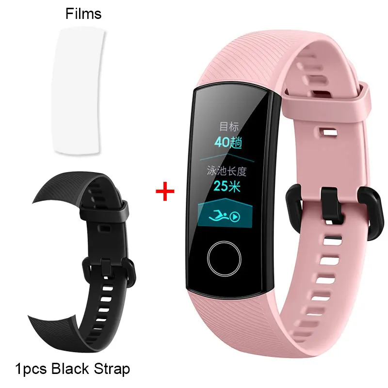 HONOR Band 4, умный браслет, фитнес-браслет, 0,95 дюймов, цветной AMOLED сенсорный экран, 5 АТМ, для плавания, с осанкой, для сердечного ритма, сна - Цвет: Pink Add BlackStrap.