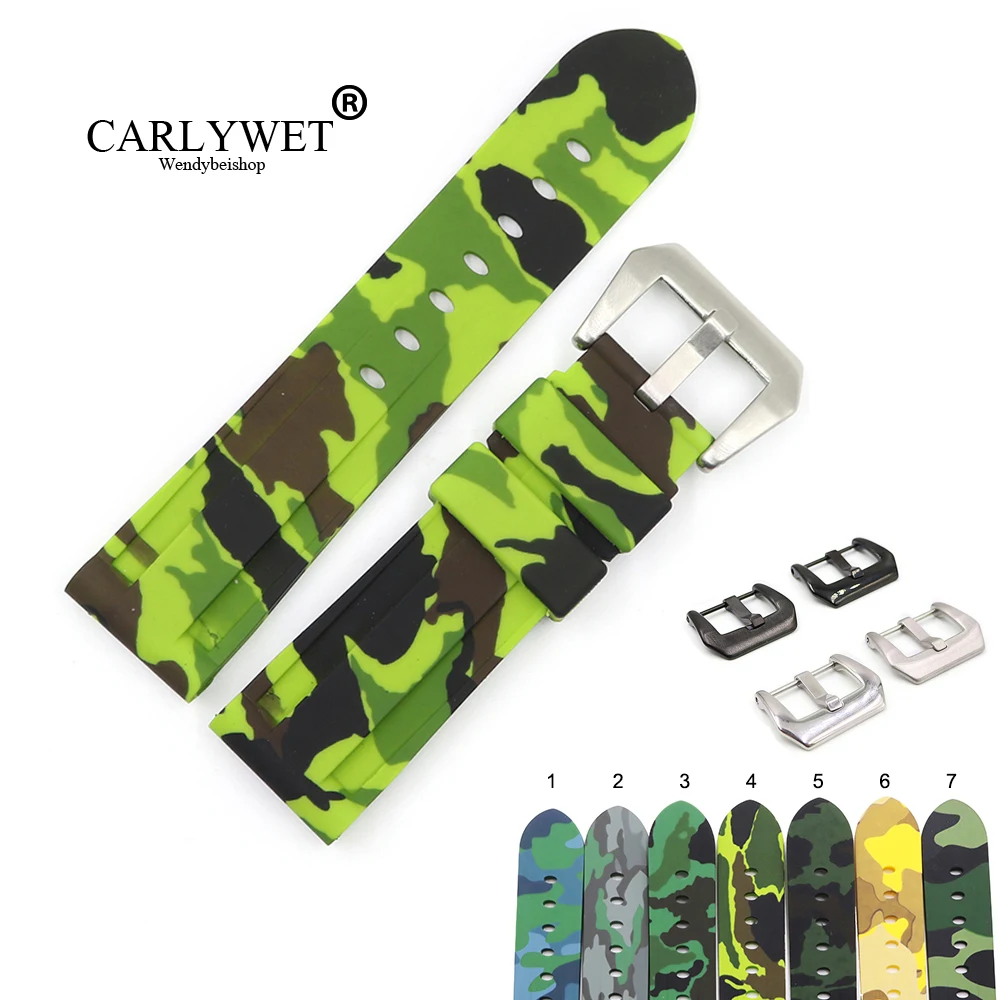 

CARLYWET 22 24mm Camo Brown Light Green Black Waterproof Silicone Rubber Replacement Watch Band Strap Loops For Panerai Luminor