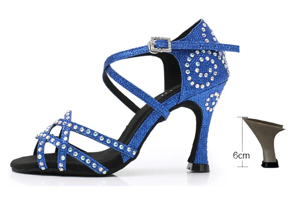 blue heel 6cm DILEECHI/Женская обувь для латинских танцев; стразы; блестящая обувь для сальсы; Бальные сандалии; обувь для танцев; обувь для вечеринок; Каблук-клеш 9 см; цвет золотистый, серебристый - Цвет: blue heel 6cm