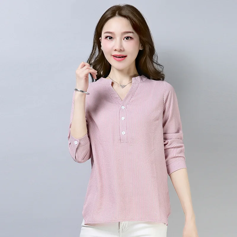 Plus Size 4XL 2019 Summer Fashion Cotton Linen Women Striped Blouse Shirts Lady For Work Long Sleeve Tops Female Clothing Blusa |