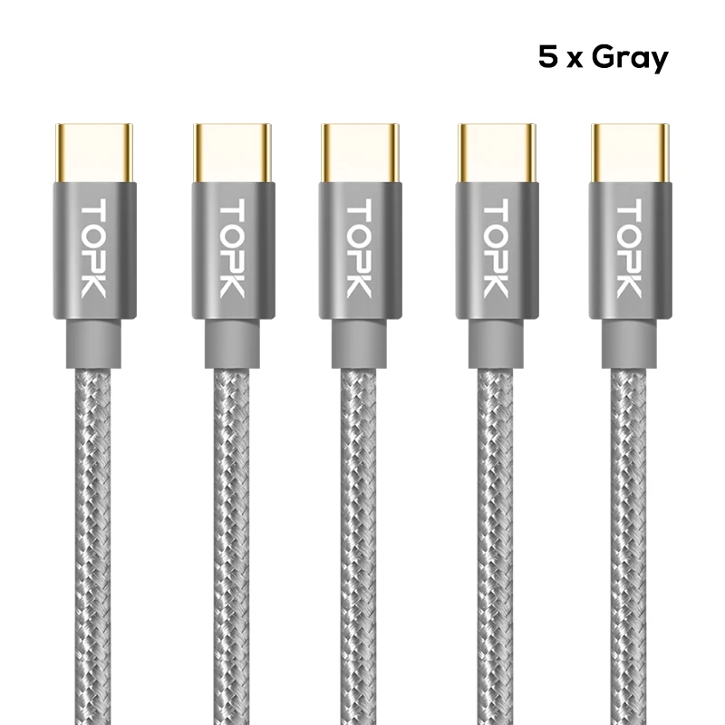 5x Grey Cable Кабель TOPK usb type-C с нейлоновой оплеткой для синхронизации данных и USB-C, зарядный кабель для samsung Galaxy S9 S8 XiaoMi 8 5X, кабель для мобильного телефона, 5 шт. в упаковке - Цвет: 5x Grey Cable