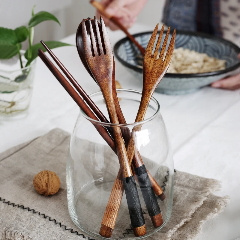 Набор из 2 деревянных вилок 22,5 см с длинной ручкой, вилка для салата, набор столовых приборов из натурального дерева, кухонные вилки, столовая Десертная Вилка, деревянная посуда