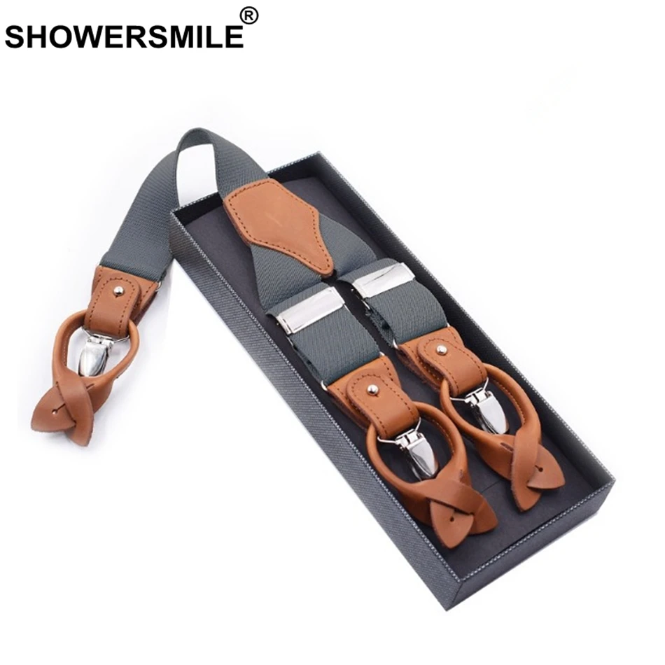 SHOWERSMILE мужские зажимы для подтяжек, однотонные красные подтяжки для рубашек, Кожаные эластичные мужские широкие подтяжки 3,5 см, цвета хаки, синий, черный, кофейный