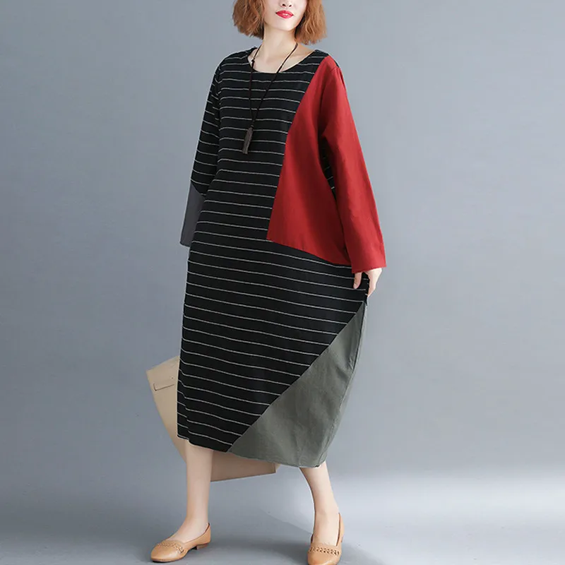 

2019 New Autumn Winter Vintage Dress Plus Size Female Women Patchwork Casual Oversized Loose Striped Black Lady Vestidos LP238