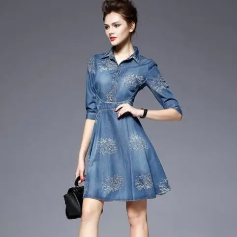 Женское винтажное облегающее джинсовое платье с цветочной вышивкой