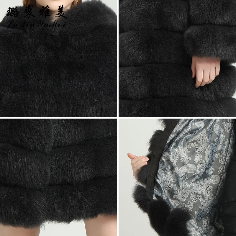 Шуба с капюшоном из натурального Лисьего меха 80 см 2020 зимнее пальто размера плюс |