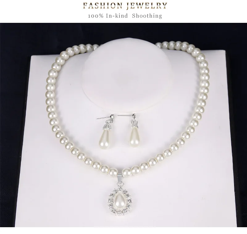 Fashion Imitation Pearl Drop Earrings Necklace Women Wedding Jewelry Sets Charming Flower Pendant Crystal Bridal Set T | Украшения и