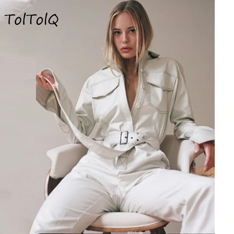 TolTolQ штаны для отдыха 2018 V шеи сексуальные комбинезоны длинный рукав ремень
