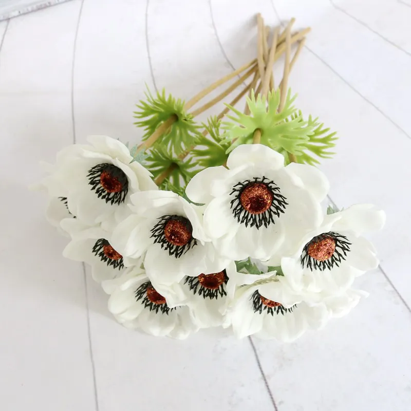 new white 7 шт., искусственные анемоны, цветы, настоящее прикосновение, маковые ветки, Бургундия, центр для свадебных букетов, центральные украшения, сделай сам, украшение дома - Цвет: new white