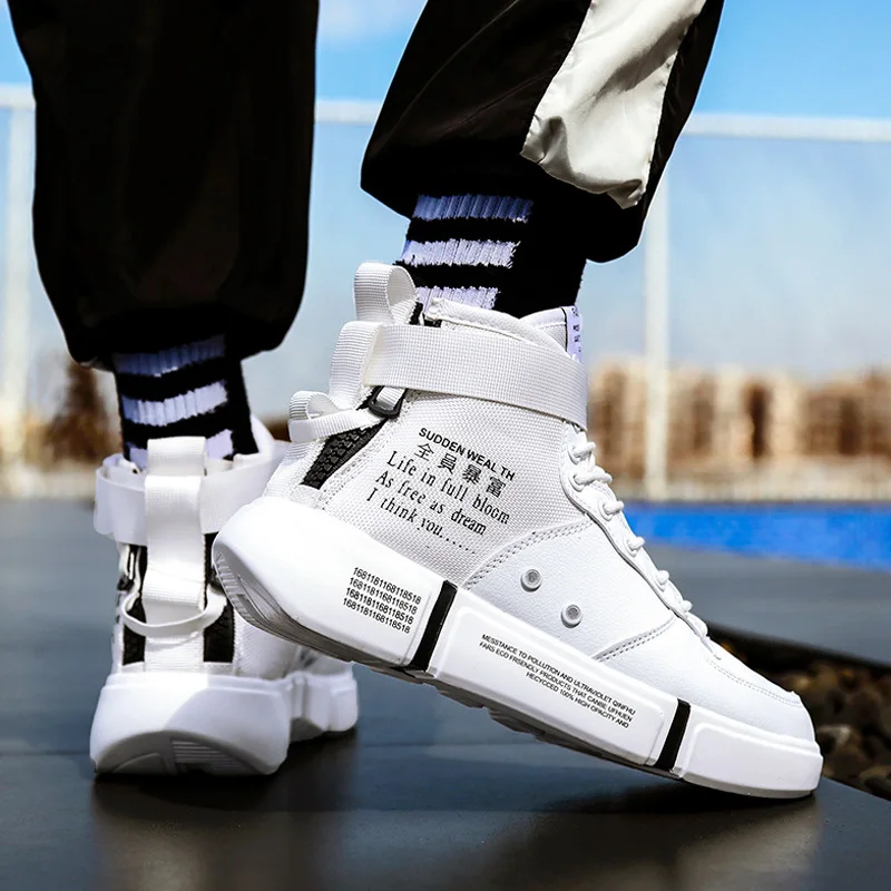 2019 High Top Sneakers Men Casual Shoes Lace-up Breathable White Leather Trainers Chaussure Homme | Обувь