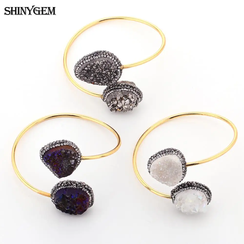 ShinyGem винтажный Регулируемый большой браслет с камнями Друза браслеты гладкое золотое покрытие с большим природным камнем открытые манжеты браслеты для женщин