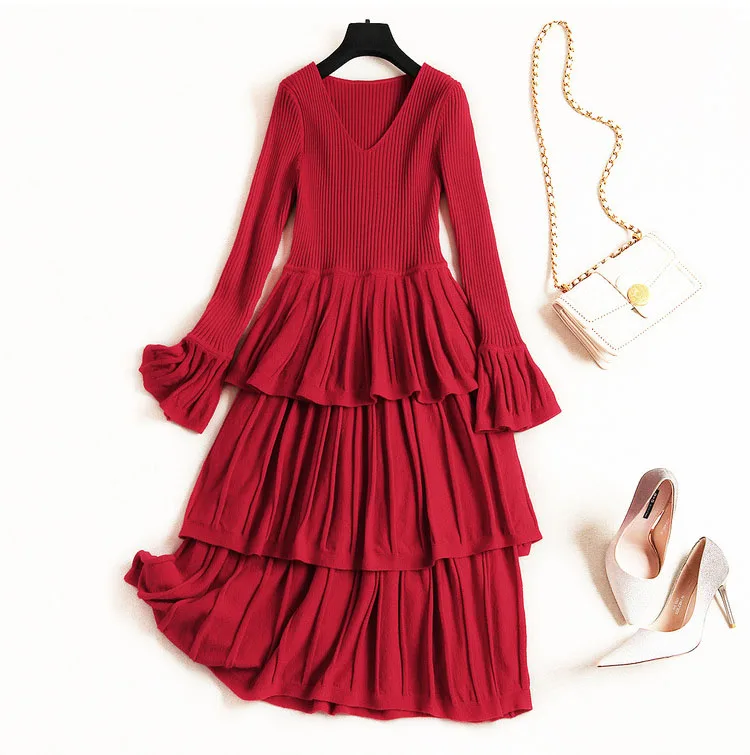 Красное многослойное платье средней длины vestidos, женское винтажное платье с расклешенными рукавами и v-образным вырезом, вязанное осеннее платье для подиума