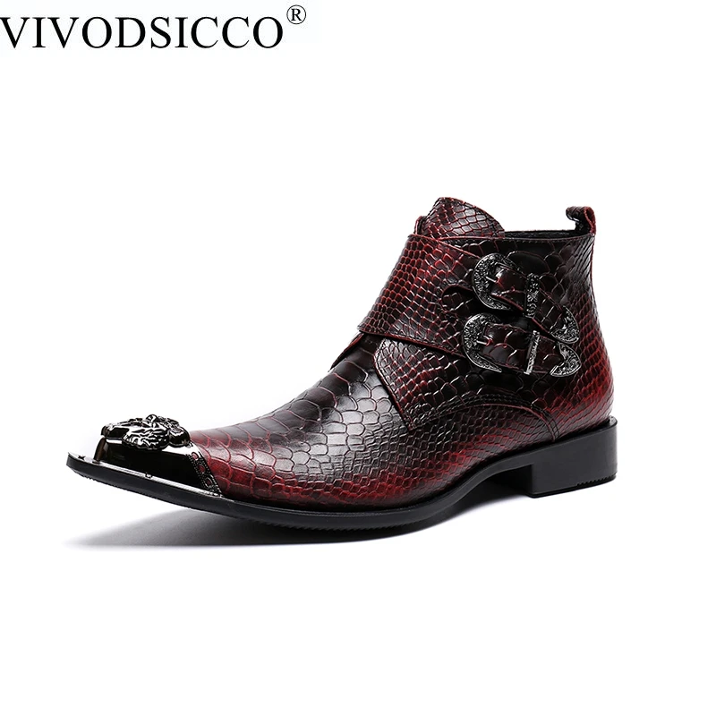 

VIVODSICCO Brand Genuine Leather Men Boots British Style All Match Red Simple Pointed Toe Chelsea Boots Men Ankle Shoes