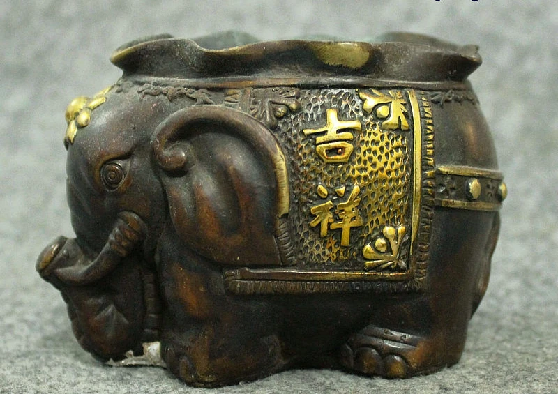 Китайская Бронзовая позолота JiXiang статуя слона ручка контейнер кисть горшок