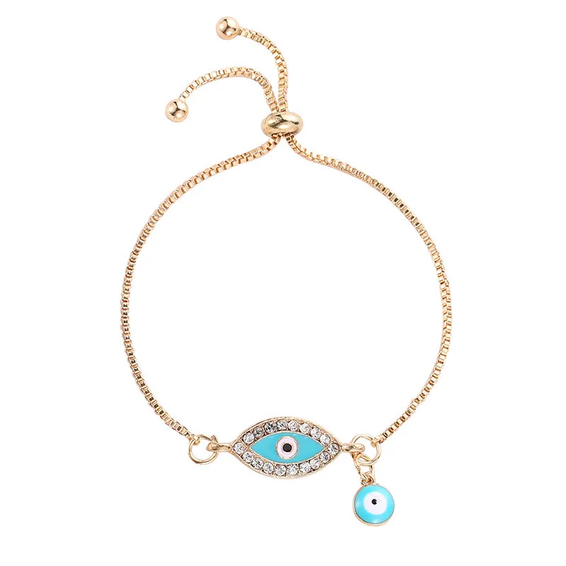 

2 Kinds Ethnic Style Full Shiny Clear Crystal Blue Devil Eyes Charms Thin Golden Chain Adjustable Bracelets For Women