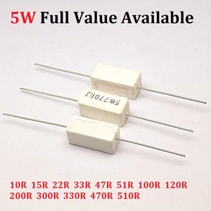 10 шт.лот 5 Вт 10R15R22R33R47R51R100R120R200R300R330R470R510R 5% цементный резистор 5W51R сопротивление цементных резисторов