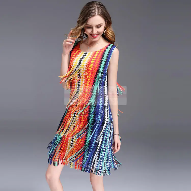 HOT SELLING  Fashion Miyake fold print dress Bohemia tassel sleeveless dress  IN STOCK