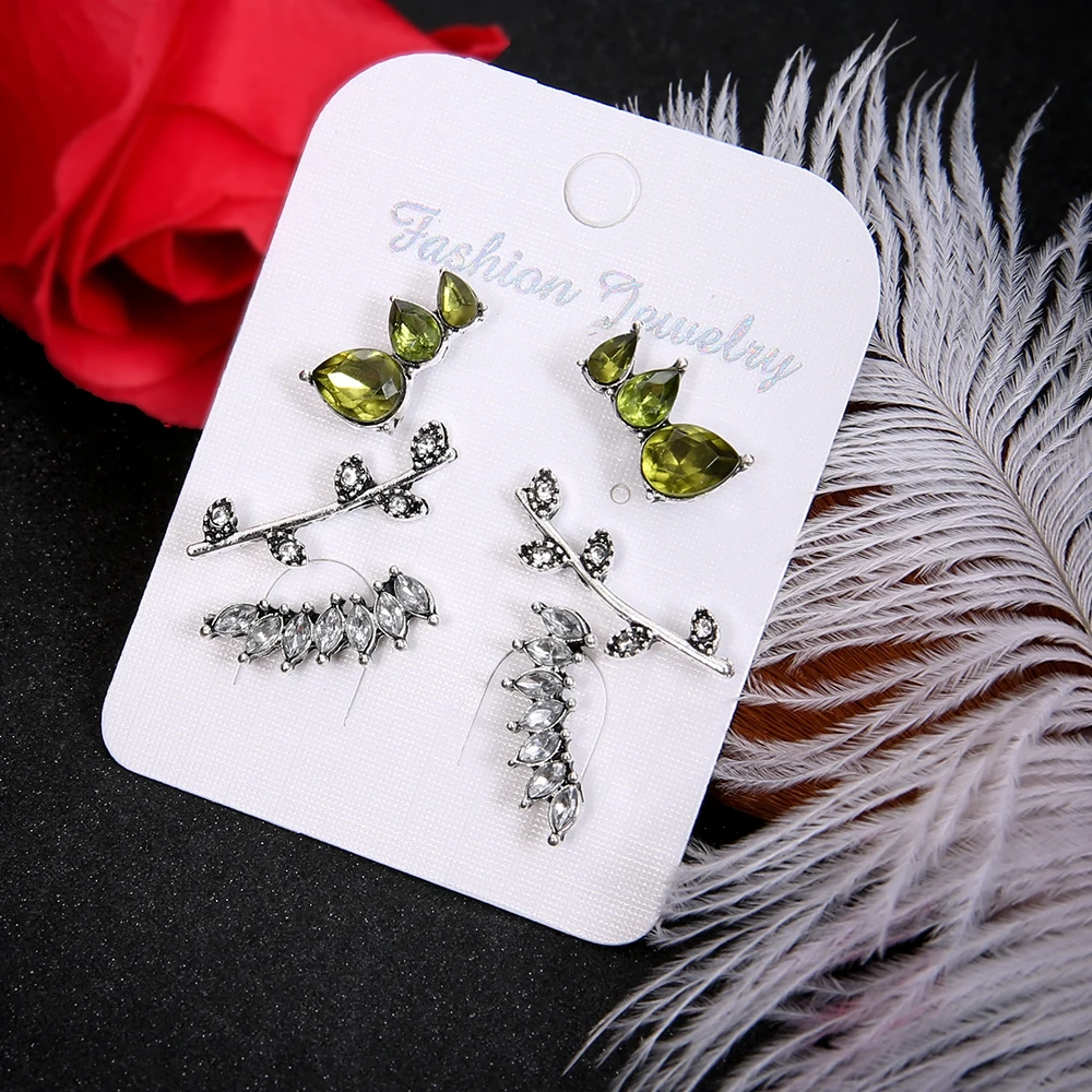 

3 Pairs/set Vintage Geometric Green Crystal Leaf Stud Earrings for Women Wedding Party Fashion Earring Boucle d'oreille Femme
