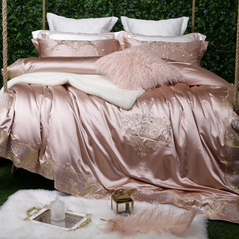 bedding set 1 4/7 штук Chic Вышивка постельное белье с молнией атласа богатых шелк люкс Супер Мягкий хлопок простыня белый фиолетовый цвет - Цвет: bedding set 1