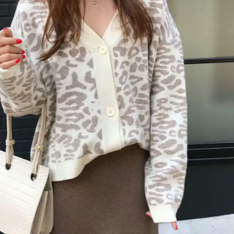 

Leopard Knitted Cardigan Sweater Women Autumn Winter Female Long Sleeve Single Breasted Knitwear Outerwear