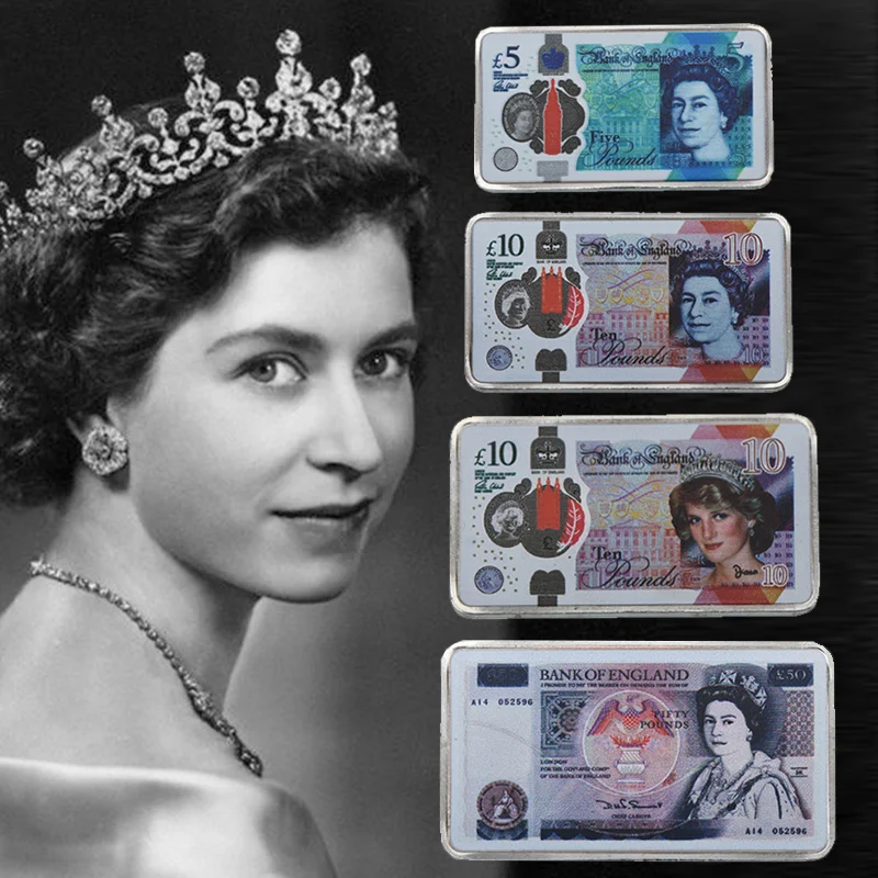 WR Серебряная Слитная банкнота из Великобритании 4 шт. Queen Elizabeth II и Princess Diana копия