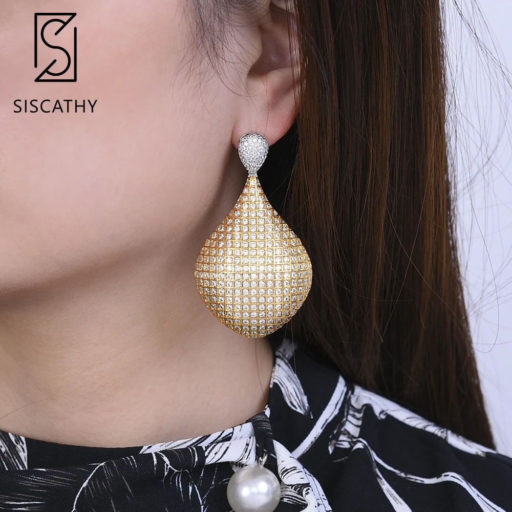 

SISCATHY Fashion Jewelry Women Earrings Geometric Shape Cubic Zirconia Inlaid Big Pendant Dangle Drop Statement Earrings 2019