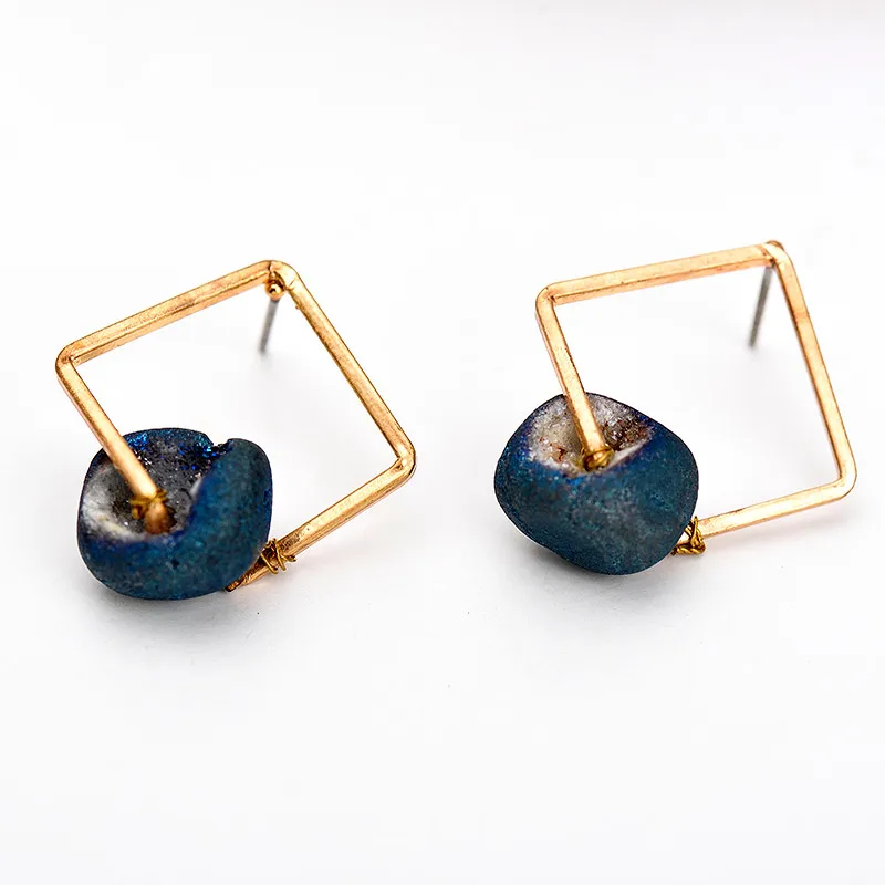 WILD &amp FREE Women Blue Natural Stone Stud Earrings Vintage Gold Square Alloy Hollow Out Jewelry Gift | Украшения и аксессуары