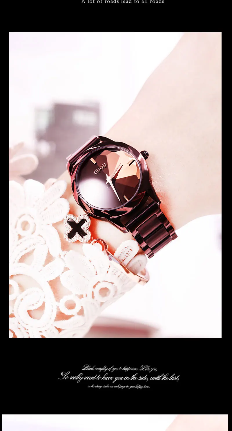 Модные Роскошные Часы GUOU Reloj Mujer розовые и цвета фиолетовый$ черные женские кварцевые часы из нержавеющей стали