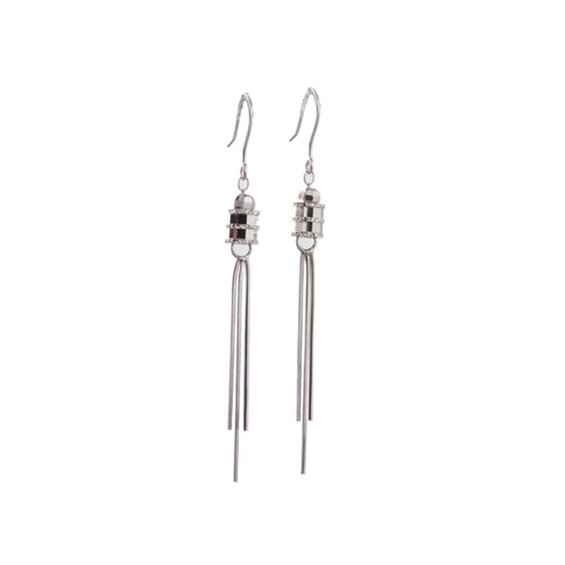 

new Korean fashion geometric cylinder Tibetan sliver golden back drop earrings women long tassel luxury safety pin earrings