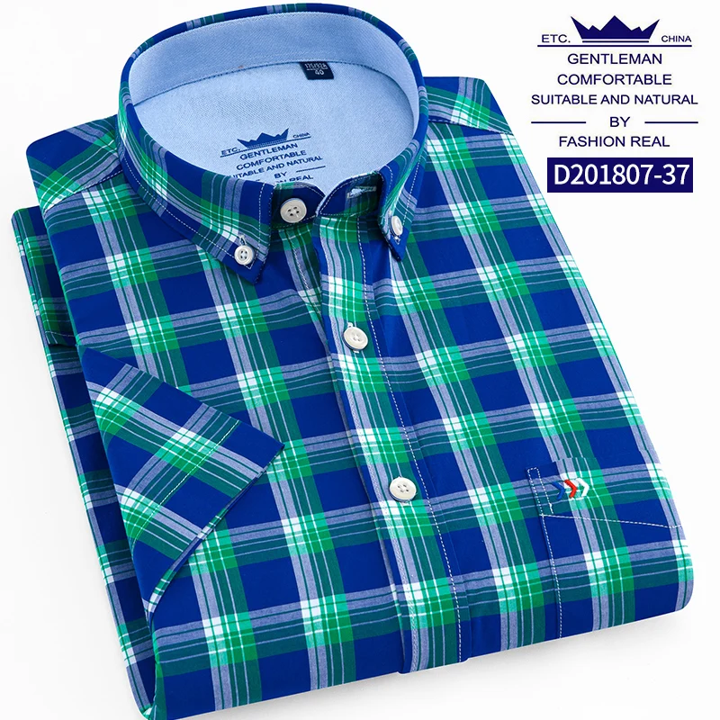 1807 37 Blue plaid Тонкая летняя мужская рубашка с коротким рукавом, хлопок, приталенная однотонная оксфордская деловая рубашка в клетку, Мужская официальная рубашка на пуговицах с карманом - Цвет: 1807 37 Blue plaid