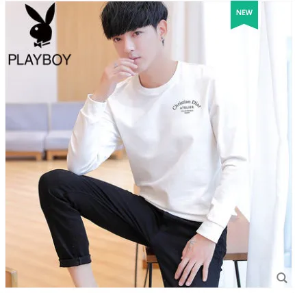 Playboy Осенняя толстовка с длинными рукавами Мужская свободная нижняя рубашка тренд Студенческая красивая рубашка толстовка - Цвет: Бежевый