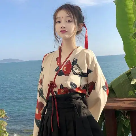 Hanfu/женская летняя юбка в китайском стиле, винтажная блузка с длинным рукавом и принтом и длинная юбка на шнуровке, комплект из двух предметов - Цвет: Blouse