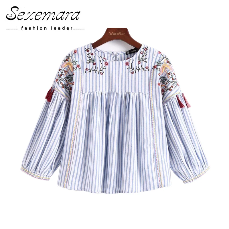 Лето-осень Для женщин Блузки для малышек 2017 цветочный Вышивка рубашка в полоску O