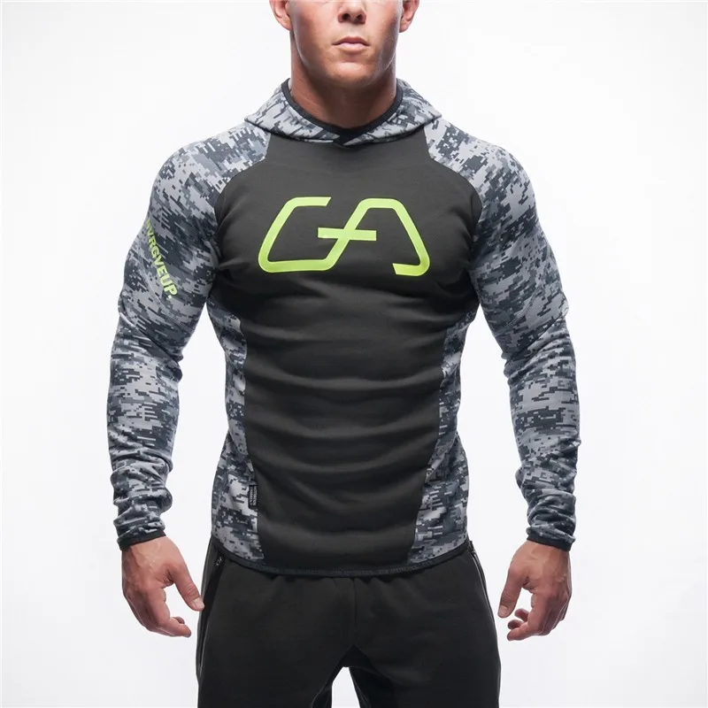 GA Blue camouflage Спортивные мужские толстовки с капюшоном для бодибилдинга, камуфляжная Толстовка для тренировок, облегающая куртка для фитнеса, уличные спортивные пальто, топы - Цвет: GA Blue camouflage