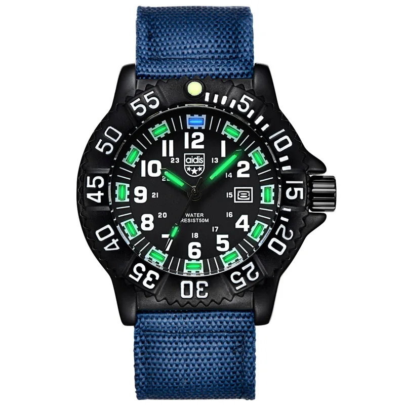 Blue-green Роскошный Открытый Спорт Кварц часы нейлона Luminous Мужские часы Специальная военная форма Смотреть - Цвет: Blue-green