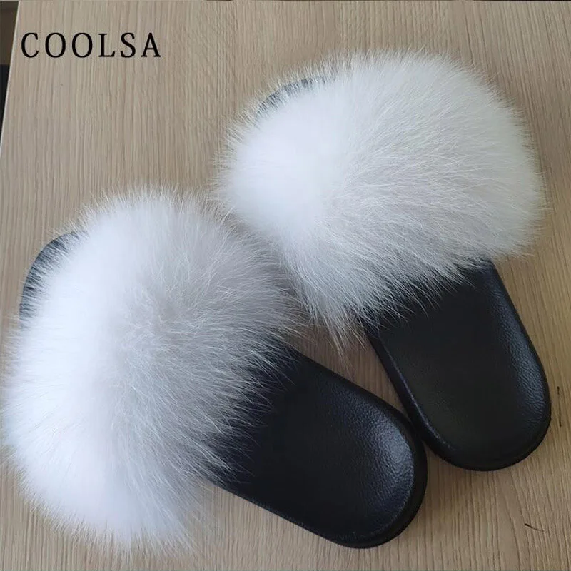 WHITE2 COOLSA/женские шлепанцы из натурального Лисьего меха; женские летние домашние меховые тапочки; женские нескользящие теплые меховые плюшевые шлепанцы; Прямая - Цвет: WHITE2