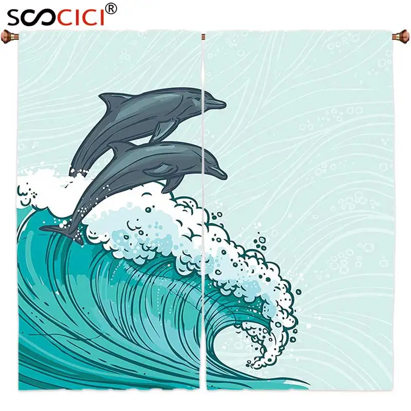 Window Curtains Treatments 2 Panels Sea Animals Decor Waves Flowing Water Sketch Ocean And Two Dolphins Summertime | Дом и сад