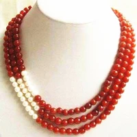fashion 3 rows necklace for women 8mm red stone jades white pearl beads strand necklaces elegant gifts jewelry 17 19inch bv24