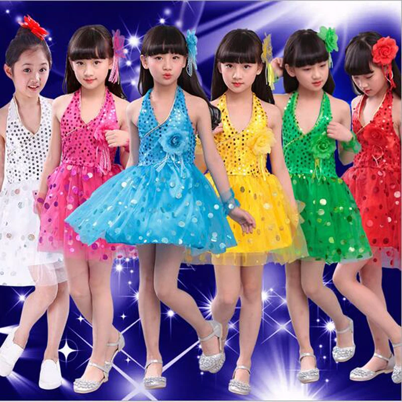Girls Latin Dance Costumes Children Kids Sequins Fringe Stage Performance Dress Veil Competition Girls Ballroom Dance Costumes