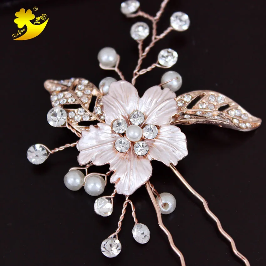 Xinyun New Romantic Hair Pins Accessories Golden Openwork Leaf Bridal Accessory Rhinestone Pearl U-Shaped Girl Hairpin | Украшения и