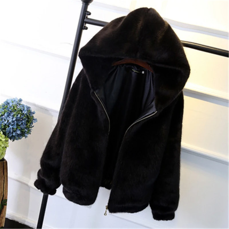 Winter Faux Fur Coat Women's Warm Hooded Fashion Slim Jacket Imitate Fox Fur Coat Outerwear Artificial Women Costumes